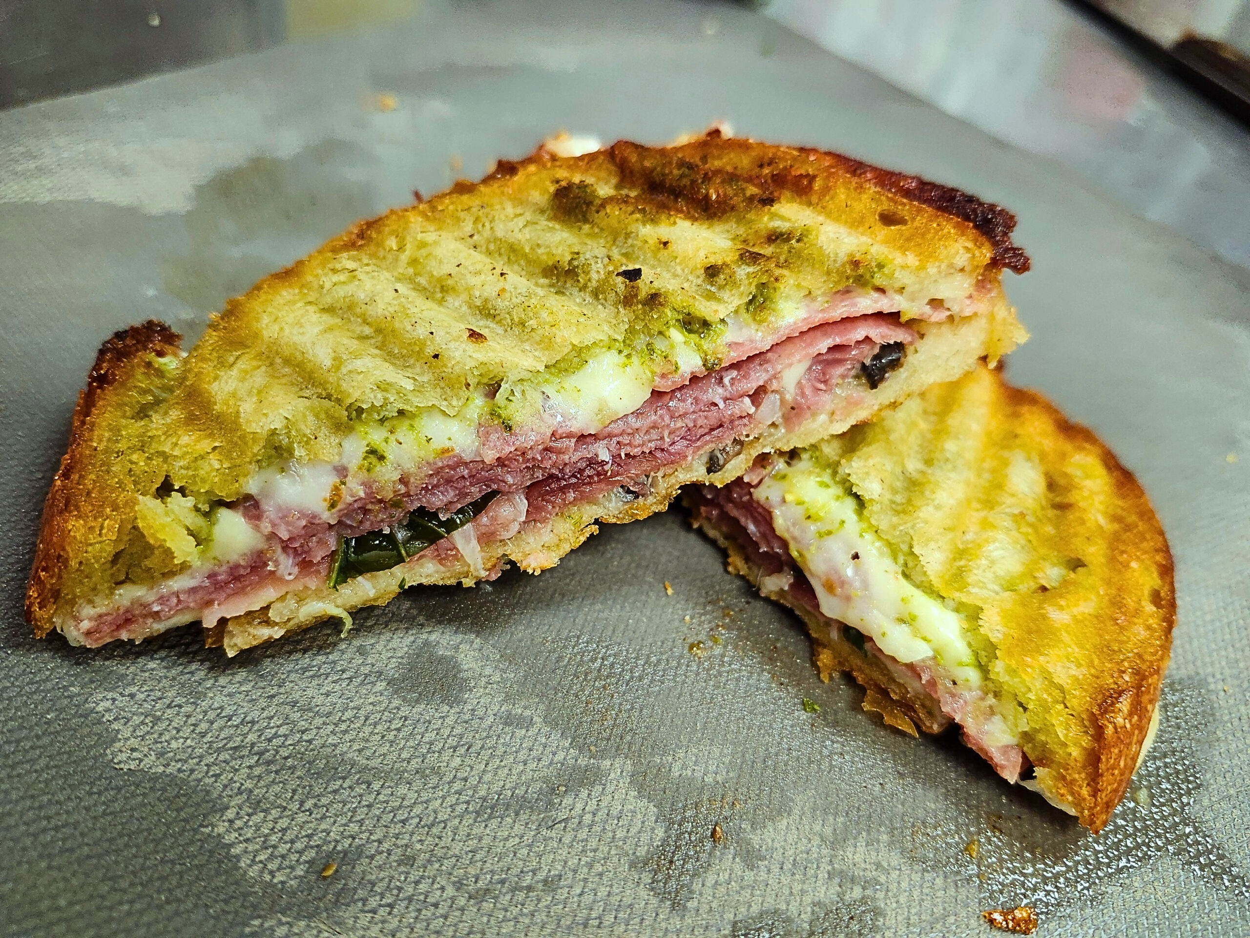 Salami Sourdough Provolone Pesto Panini at Bubble & Pearl's Boba Lab